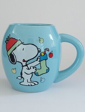 Peanuts Snoopy Blue Holiday Season Stocking Oval Ceramic Mug 18oz